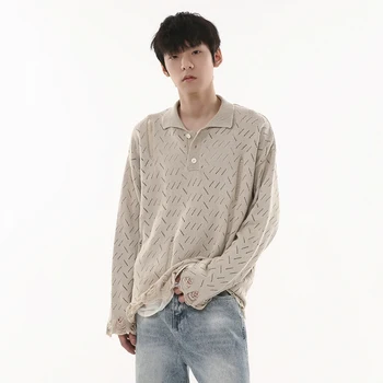 SYUHGFA Мода пуловер тенденция мъжки корейски стил минималистичен ниша дизайн счупена дупка кухи плетени върхове есенни пуловери