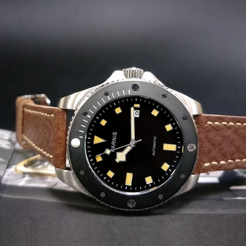 Parnis 43mm черен циферблат автоматичен мъжки часовник сапфир стъкло мода механичен календар Miyota 8215 подарък снежинка ръка светещ
