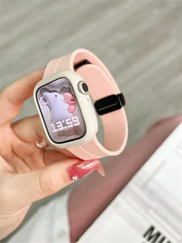 Сладка розова спортна каишка + калъф за Apple Watch Band Ultra2 49 41 45 40 44 42 За iwatch серия 9 8 SE 7 6 Correa мека силиконова лента