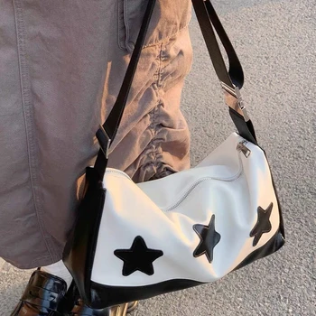 Американски ретро Pu кожа звезда пачуърк чанта голям капацитет съхранение чанта унисекс чанта рамо чанта crossbody чанта чанта