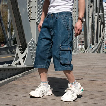 Summer Denim Cargo Изрязани панталони Голям джоб Мъжки шорти Хип-хоп Loose Plus Размер на мазнините Jean Short Male