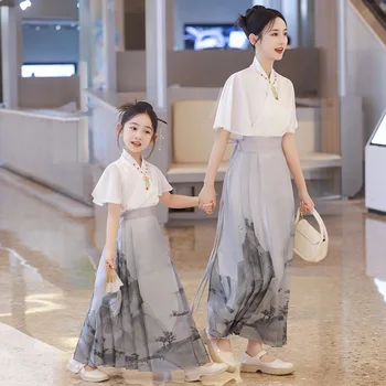 Пола с конско лице Родителско-детско облекло Есенен комплект момичета Висок клас ханфу 2024 Детска супер феерична рокля в китайски стил