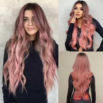 HAIRCUBE Дълги розови Ombre вълнообразна коса синтетични перуки за черни жени естествено мека перука със средна част топлоустойчива косплей перука