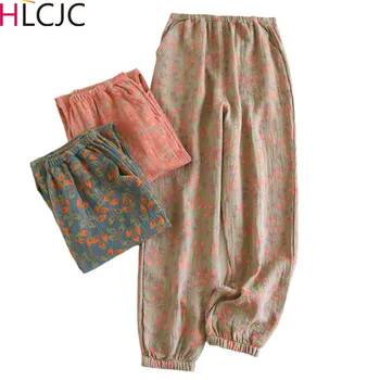 Дамски памучни двустранни жакардови дълги панталони за пролетно лято тънки домашни многоцветни панталони перо печат сън дъна
