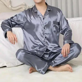 Мъжки пижамен комплект Мъжко спално облекло Мъжки сатен ревер пижама комплект с риза с дълъг ръкав Широки панталони за крака Меко домашно спално облекло за есента