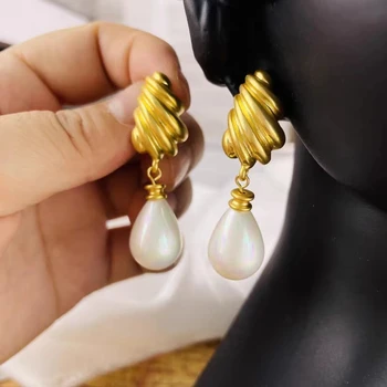 Перлени обеци 925 сребърни щифтове златни и перлено бели обеци съвпадат обеци обеци обеци щипка за уши