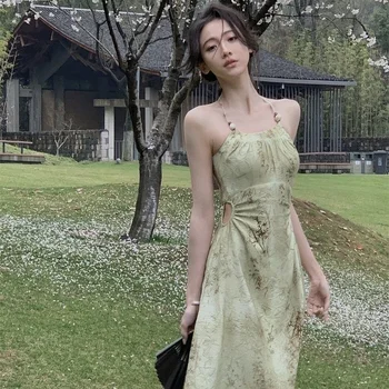 Нова китайска рокля с принт за жени с летен темперамент в стил мастило Тънка талия висяща врата дълга пола с тиранти
