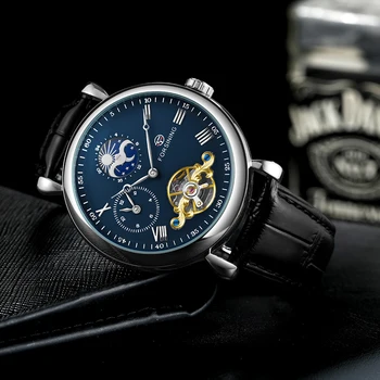 FORSINING Luxury New Tourbillon Skeleton Automatic Men's Watch Blue Moon Phase Dial Естествена кожа колан механични ръчни часовници