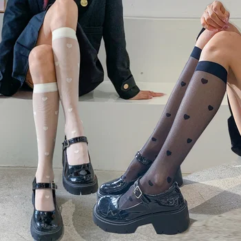 1Pair секси JK жени чорапи Лолита униформа тънък дълъг чорап любов сърце точка виждам през черно над коляното чорап лято бельо
