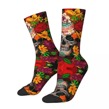 All Seasons Ден на мъртвите Захарен череп с цветни чорапи Супер меки спортни чорапи със средна тръба Ежедневни чорапи за мъже жени подарък
