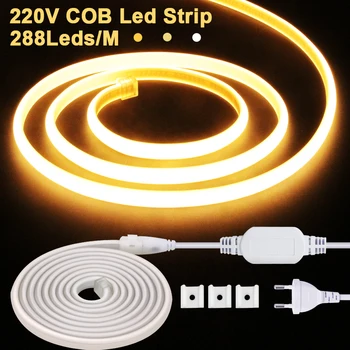  COB LED лента AC 220V гъвкава неонова светлина 288LEDs / m IP65 водоустойчива LED лента COB лента 3000K / 4500K / 6000K с ЕС захранващ щепсел