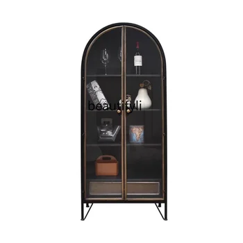 Американски ретро арка индустриален стил желязо двойно отворено стъкло черно шкафче етаж хол стена съхранение вино кабинет