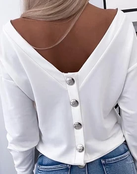 Елегантни плътни цветни блузи с едно рамо 2023 Мода дълъг ръкав кръг врата без гръб закопчана отгоре ежедневно случайни хлабав тениска