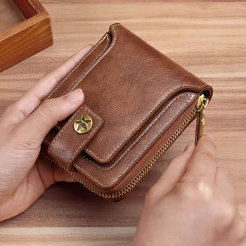Мъжки портфейл мода ретро многофункционален къс портфейл тройно сгънати голям капацитет плътен цвят цип ключалката карта чанта