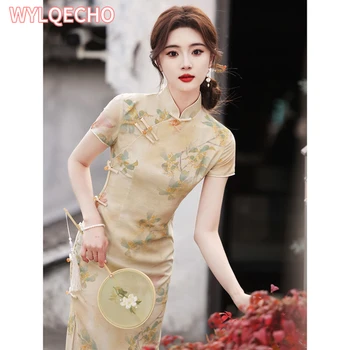 2023 Нежност Cheongsam флорални жени реколта сватбена рокля тънък летни ежедневни рокли Нов китайски стил Qipao S До Xxl