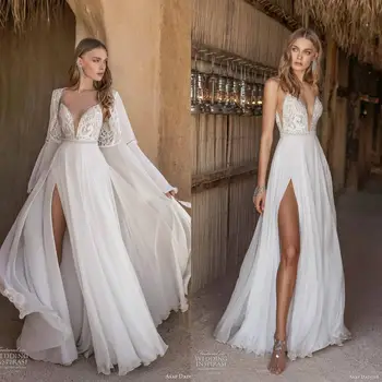 Висока страна сплит сватбени рокли с яке апликации линия плаж сватбена рокля мъниста етаж дължина булчински рокли роба De Soiree
