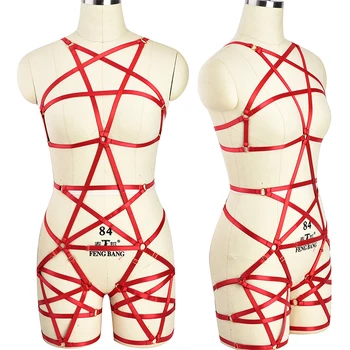 Red Pentagram Body Harness Punk Pole Dance Gothic Harness Bra Rave Pentagram Leg Garter Belt Bondage Sexy Lingerie set
