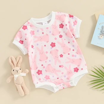 Новородено бебе момиче момче Великден облекло сладък зайче отпечатани къс ръкав гащеризон бебе бебе летни дрехи