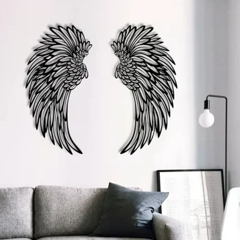 1 двойка ангелски крила с LED светлини Метален стенопис Ангелско перо крила Стенен декор занаяти Стенни висящи ангелски декор фотография