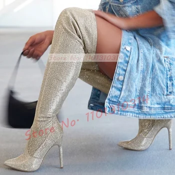 Glitter Over The Knee Stretch Boots Pretty Sparkling High Thin Heels Pointed Toe Side Zipper Thigh High Boots Women Street Style