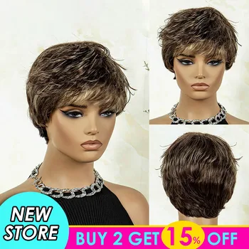 Synthetic Pixie Cut Bangs Wig Machine Made Gradient Short Straight Wig For Women