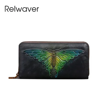 Relwaver естествена крава кожа портфейл пеперуда жени портфейл 2024 пролет лято цип чанта китайски стил дълго клъч чанта