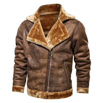 2023 Зимни мъже кашмир кожено палто велур яке мъже военновъздушни сили мотоциклет руно облицована кожа връхни дрехи случайни голям размер палто