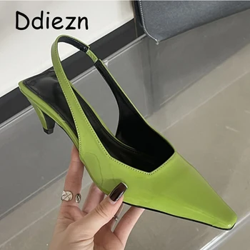 2024 Дамски помпи Сандали на ток Заострени пръсти Плитки обувки Женска мода Плътни цветове Прашки Дамски обувки със средни токчета