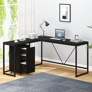HSH черно L образно бюро с мобилен шкаф за съхранение, ъглов домашен офис L образно компютърно бюро с чекмеджета маса 59 x 55 инча