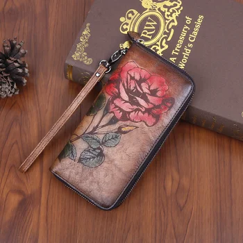 Дамски портфейл съединител китката чанта дълга чанта естествена кожа ретро карта роза цвете щамповане истински телешка женски удобен пари чанти