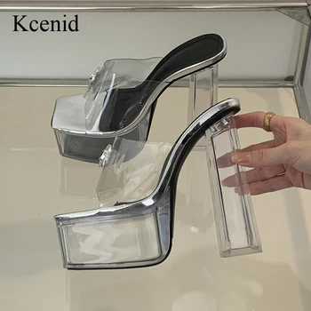 Kcenid PVC прозрачна квадратна глава кристални високи токчета Секси платформа Дамски сандали 2024 Летни чехли Помпи Дамски обувки Мулета