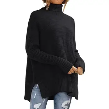 Еластичен пуловер с дълъг ръкав уютен дамски пуловер с висока яка дебел топъл ластик за есен зима