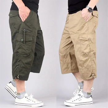 Дълга дължина карго шорти мъже лято мулти-джоб случайни памук еластични панталони Капри мъже военни тактически къси горещи бричове 5XL