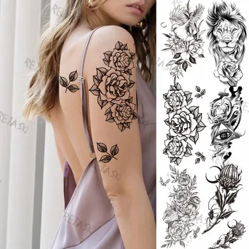 Големи цветни листа Временни татуировки за жени момиче геометричен лъв птица реалистичен фалшив татуировка ръка обратно водоустойчив Tatoos стикер
