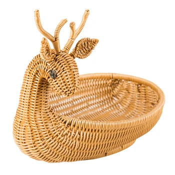 Домакински ръчно изработен кош за съхранение,елен форма слама плитка ратан кошница, плодове съхранение организатор