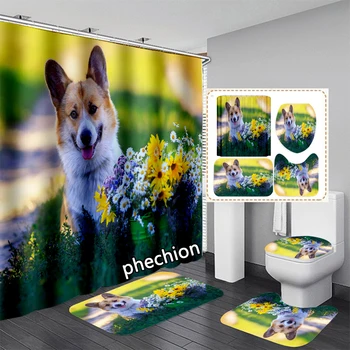 phechion мода 3D печат Corgi куче душ завеса водоустойчива баня завеса против хлъзгане баня мат комплект тоалетни килими килим VR217