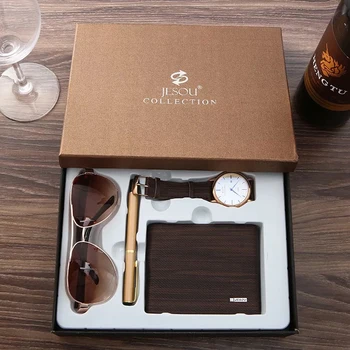 Hign качествени мъжки часовници комплект кожена лента кварцов ръчен часовник със сгъваема закопчалка кожен портфейл слънчеви очила подарък за гадже татко