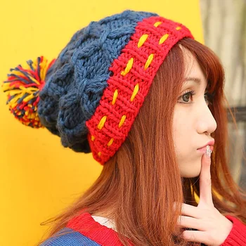BomHCS жени зимни топли ръчно изработени плетени плетене на една кука плетени Beanie двоен цвят мозайка с въже &коса топка мода шапка капачка