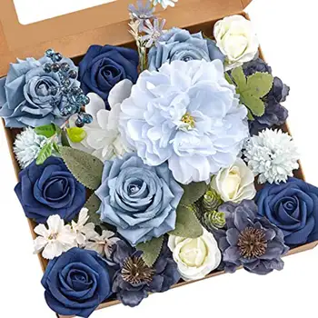 Изкуствени цветя Фалшиви прашни сини божур цветя комбо за DIY сватба булчински букети Централни декорации за дома