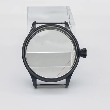 44MM часовник черен случай 316 неръждаема стомана прозрачен дъното годни Eta 6498 / 6497 ST3600 ръчно навиване движение