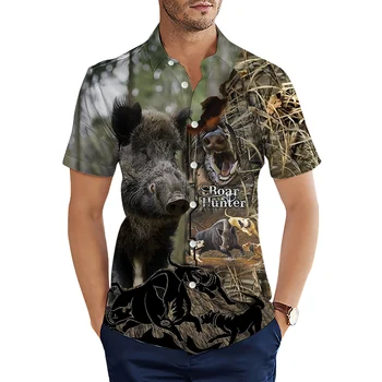 CLOOCL Мъжки ризи 3D графичен лов на дива свиня отпечатана блуза Лятна къс ръкав ревера мъжки ризи Ежедневни жилетки Уютни върхове