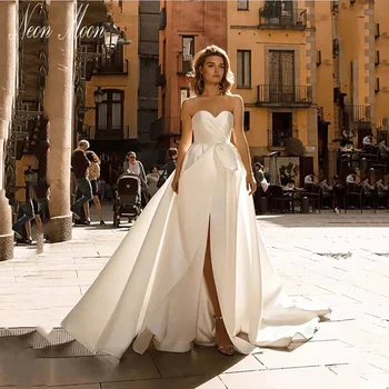 Романтични сватбени рокли за влюбени A Line Side Split Simple Bride Gowns Backless Bows Simple Sweep Train Vestidos de Novia