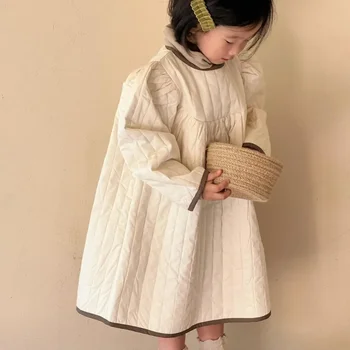 Момичета Ежедневни рокли Корейски детски дрехи Зимни нови плътен цвят памук клип ретро стил кръг врата райета