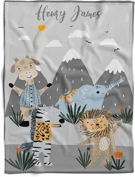 Персонализирано сафари джунгла бебе одеяло сиво, сафари животно бебе одеяло, бебе момче сафари детска стая, джунгла тема бебе