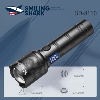 Усмихната акула SD-8110 фенерче, супер ярка M60 LED водоустойчива горелка, акумулаторна факел, с дисплей за захранване за открито