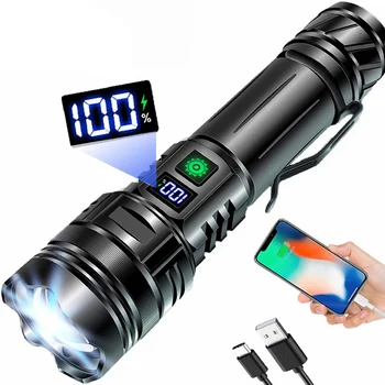 E2 Zoom LED EDC фенерче с висока мощност 30W факел с дисплей за захранване Прожектор USB акумулаторна 26650 къмпинг риболовна лампа фенер