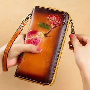 Дамски портфейл ретро естествена кожа портфейл за женски нов маншет цип мобилен телефон чанта съединители