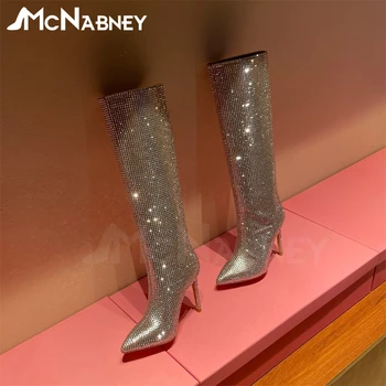 Пълен кристал заострени пръсти стилет ботуши луксозни Bling Bling Bling банкетни обувки за жени персонализирани многоцветни супер ботуши продажба