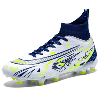 Спортни футболни обувки Мъже Висок връх Мъж Тийнейджър Дълги маратонки с шипове Боти до глезена Външни сини бели мъжки футболни обувки голям размер