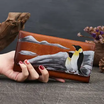 Нов ръчно рисуван занаятчийски кожен портфейл дълъг цип монета чанта мода съединител Baotou слой телешка дамска портфейл.